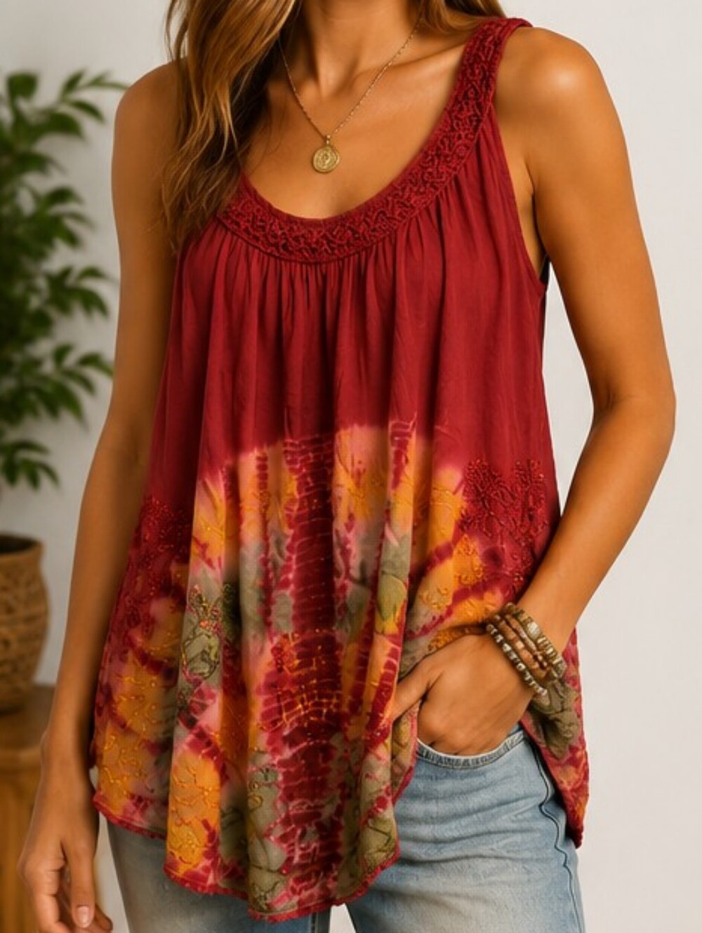 India Boutique Tie-Dye Embroidered Tank Top | Free Size | Boho Festival